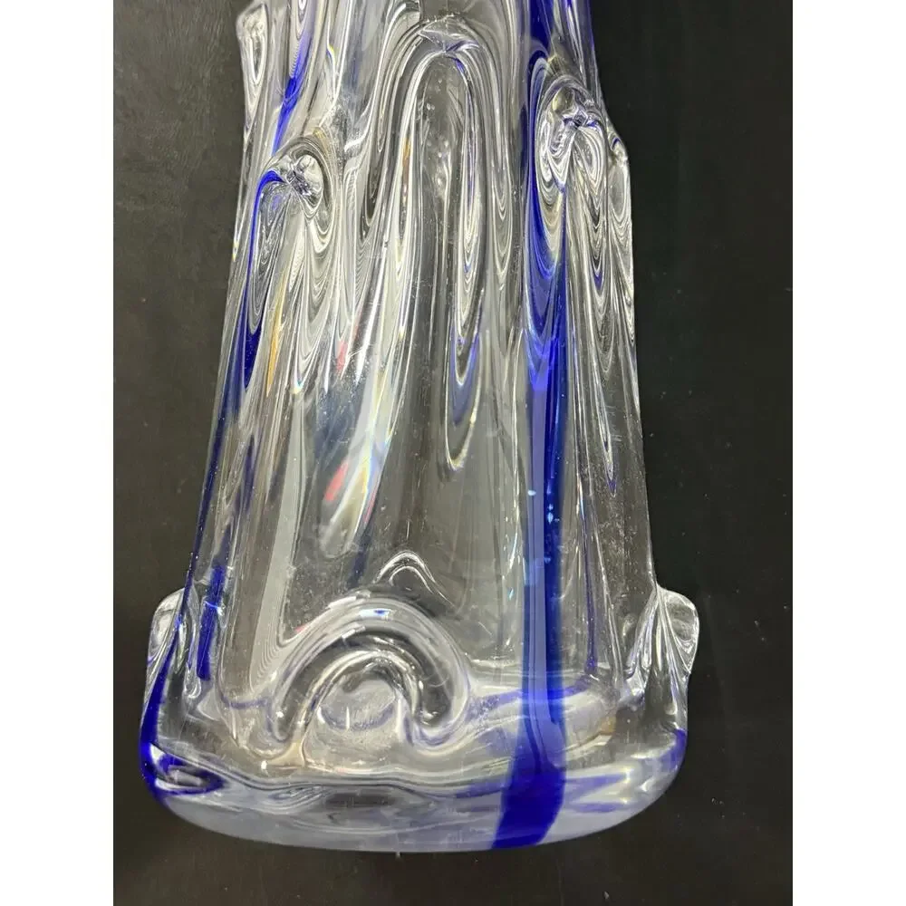 Heavy Art Glass Vase with Cobalt Blue Stripe – 10” Tall